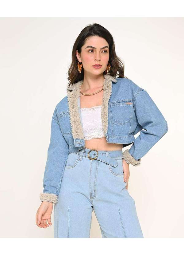 Razon Jeans - Jaqueta Feminina Jeans Cropped com Pelo Razon Jeans - Jeans Claro