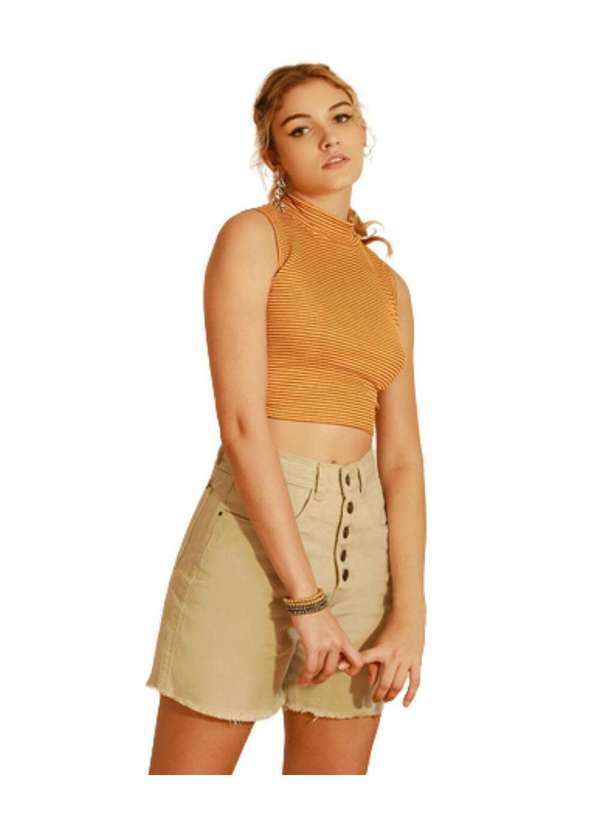 Razon Jeans - Shorts Feminino Sarja Boyfriend Areia com Botoes - Areia