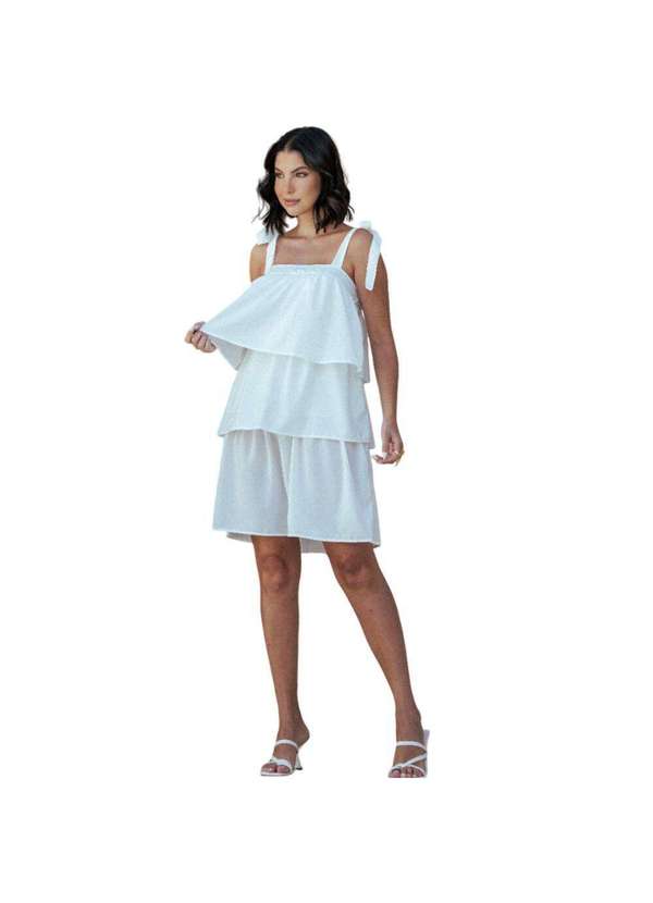 Razon Jeans - Vestido Branco Feminino com Babados e Alça Ajustava - Branco