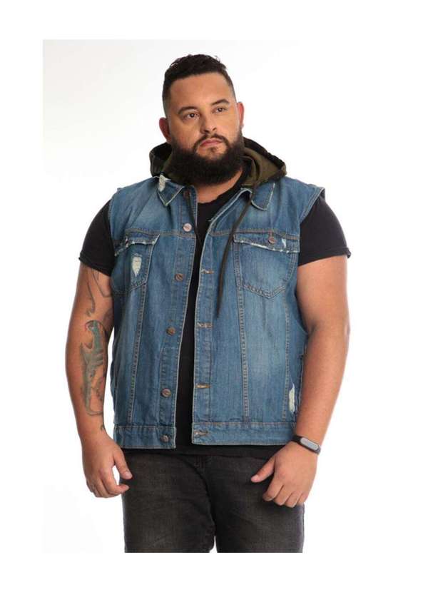Razon Jeans - Colete Masculino Jeans Lycra Plus com Capuz Camuflado - Jeans