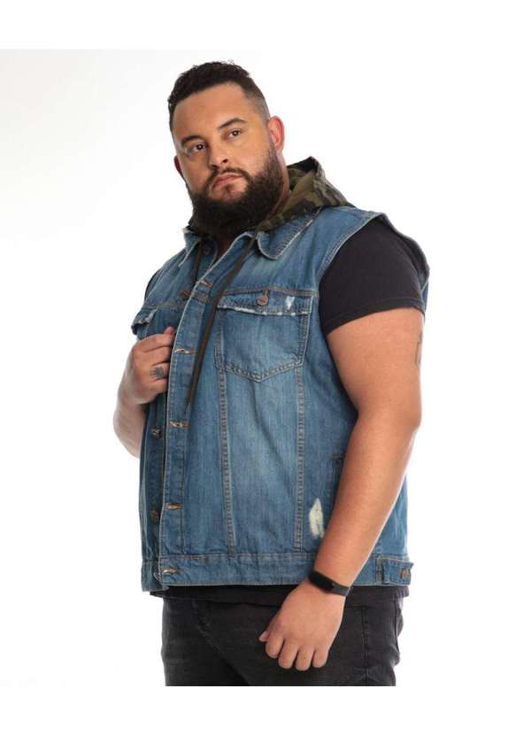 Razon Jeans - Colete Masculino Jeans Lycra Plus com Capuz Camuflado - Jeans 4