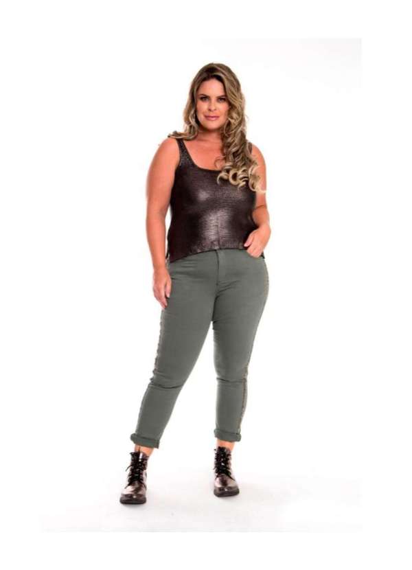 Razon Jeans - Calça Feminina Cigarrete Sarja Plus Aplicação - Cinza