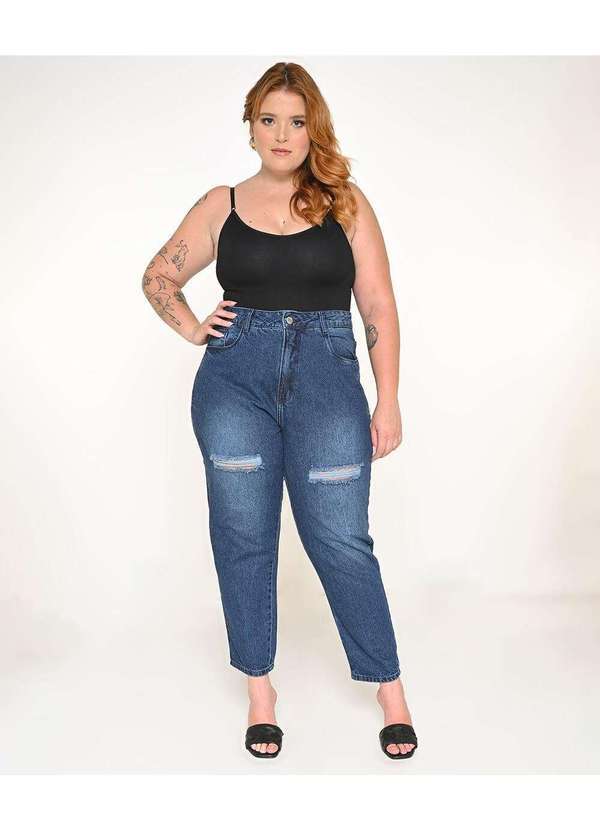 Razon Jeans - Calça Feminina Jeans Plus Mom com Puído - Jeans