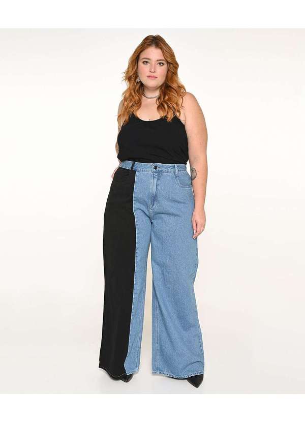 Razon Jeans - Calça Feminina Jeans Plus Wide Leg - Bicolor
