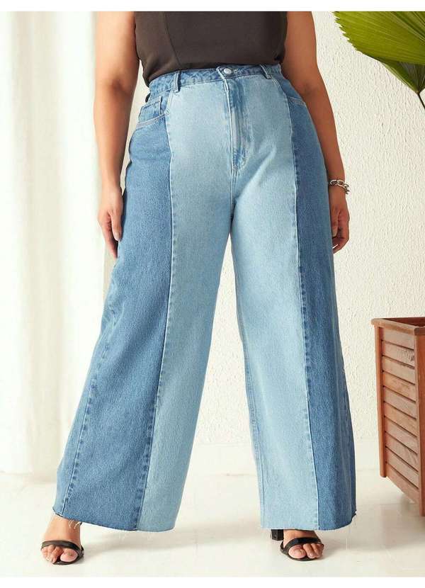 Razon Jeans - Calça Feminina Jeans Wide Leg Bicolor Plus Delavê - Jeans
