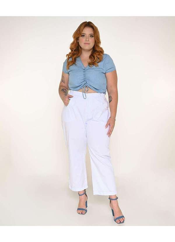 Razon Jeans - Calça Feminina Sarja Plus Branco Reta c/ Elastico Cós - Branco 4