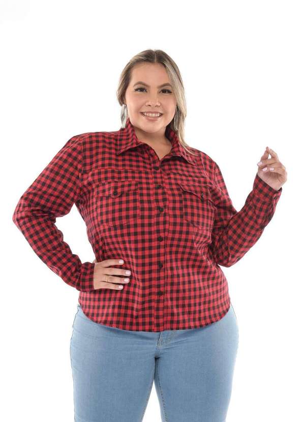 Razon Jeans - Camisa Feminina Sarja Plus Xadrez Vermelho - Vermelho