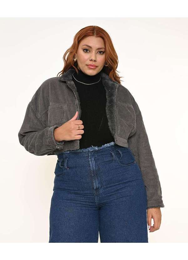 Razon Jeans - Jaqueta Feminina Veludo Cropped Plus Cinza com Pelo - Grafite