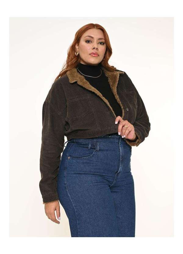 Razon Jeans - Jaqueta Feminina Veludo Cropped Plus Marrom C/Pelo - Marrom 3