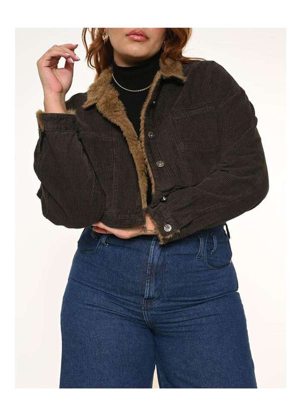 Razon Jeans - Jaqueta Feminina Veludo Cropped Plus Marrom C/Pelo - Marrom 5