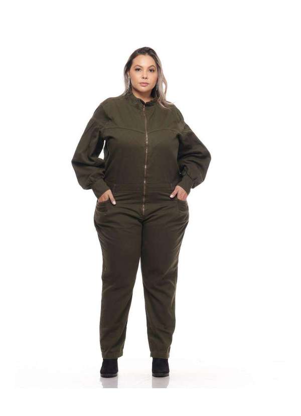 Razon Jeans - Macacão Cigarrete Feminino Sarja Plus Manga Bufante - Verde