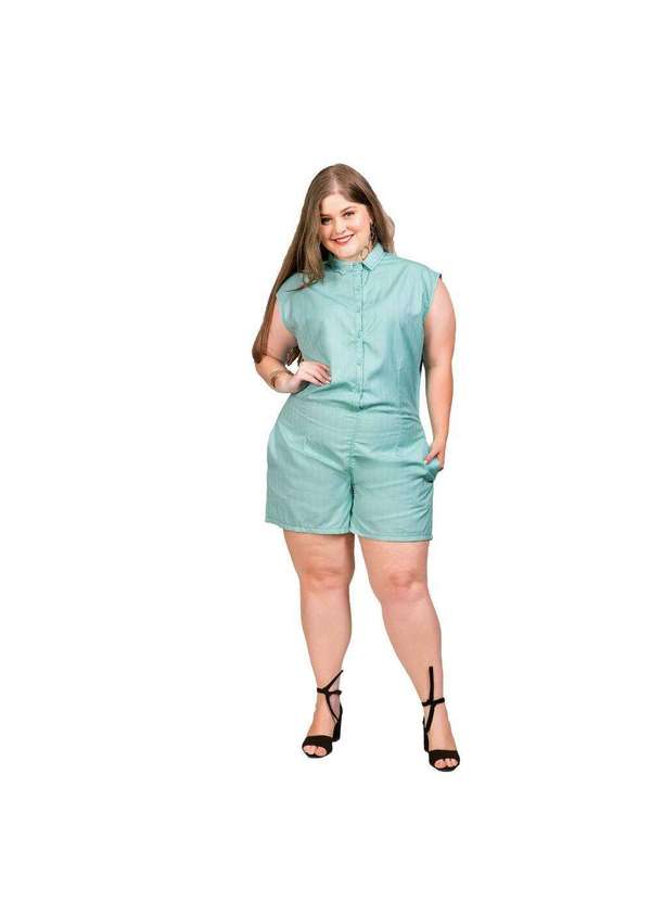 Razon Jeans - Macaquinho Feminino Sarja Plus Verde Agua com Bolso Embutido - Verde Agua