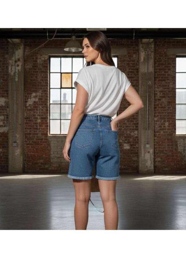 Razon Jeans - Shorts Feminino Meia Coxa Jeans Marmorizado Botoes Cós Alto Jeans 3