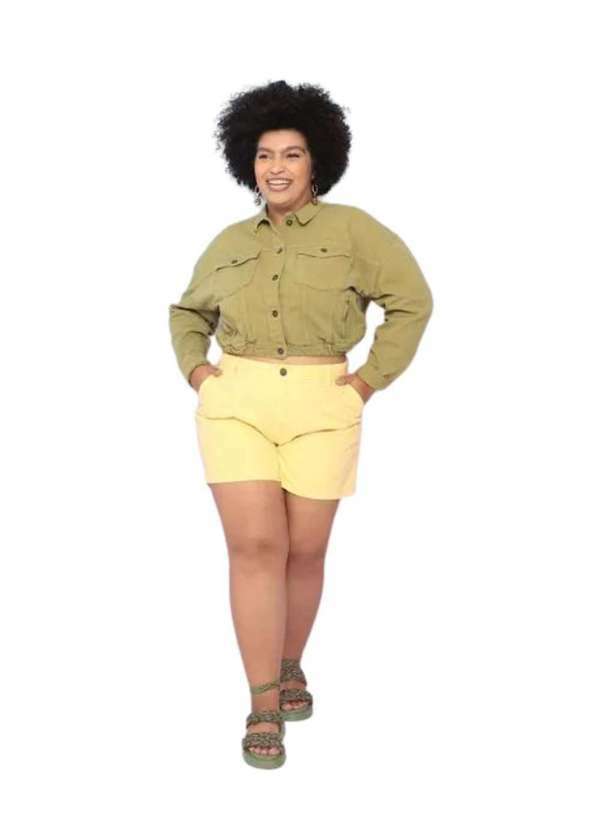 Razon Jeans - Shorts Feminino Plus Size Baggy com Pence Amarelo - Amarelo
