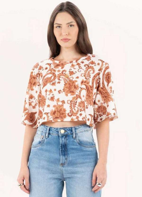 Lança Perfume - Blusa Cropped Estampada de Mangas Curtas A0447