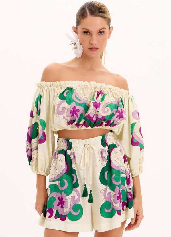 Lança Perfume - Blusa Cropped Ombro a Ombro Estampada com Elásticos A2108