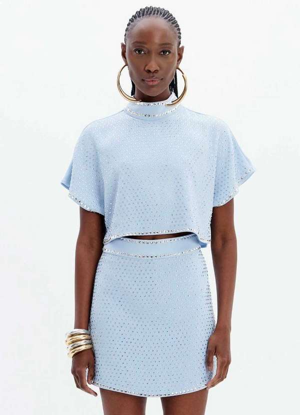 Lança Perfume - Blusa de Mangas Curtas com Gola Alta e Cristais A2447