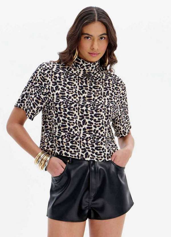 Lança Perfume - Blusa de Mangas Curtas Estampada com Gola Alta A2354