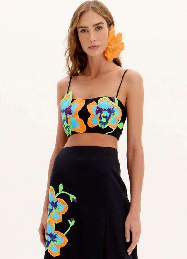 Lança Perfume - Top Cropped de Alças com Aplicações Florais e Amarração A0003