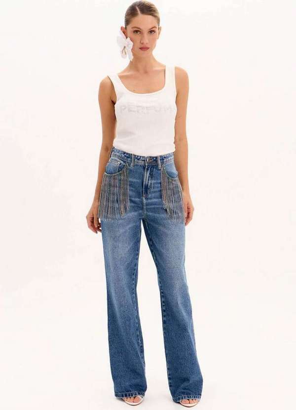 Lança Perfume - Calça Jeans Full Lenght Cintura Alta com Franjas A0004