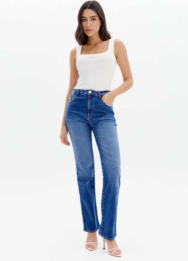 Lança Perfume Easy - Calça Jeans Reta com Cintura Alta e Bolsos Estampados A0004