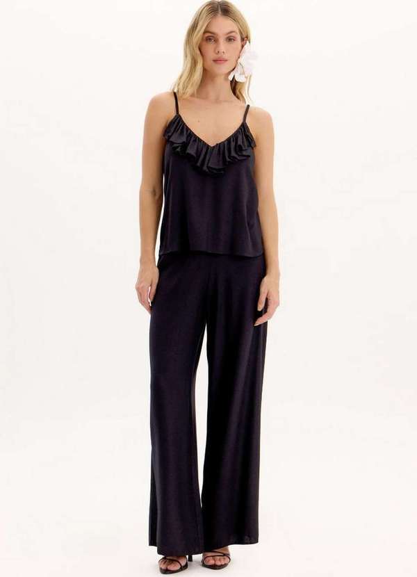 Lança Perfume - Calça Reta Lisa com Cintura Alta e Elástico A0003