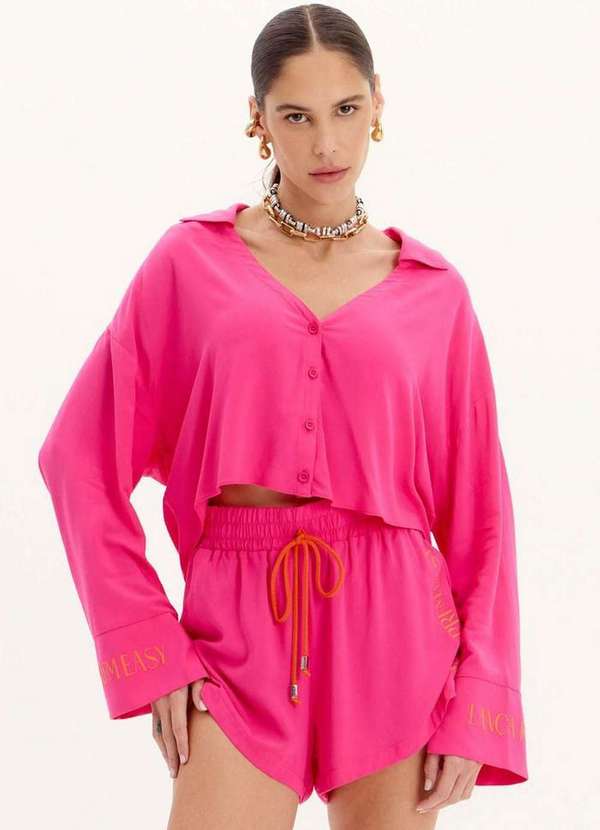 Lança Perfume Easy - Camisa Cropped de Mangas Longas com Botões e Decote em V A2004