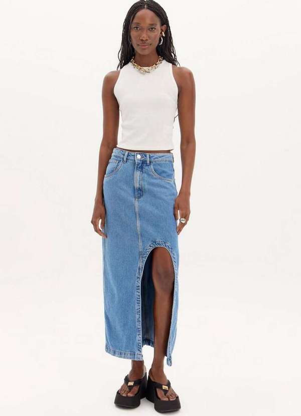 Lança Perfume Easy - Saia Super Midi Jeans Reta A0004