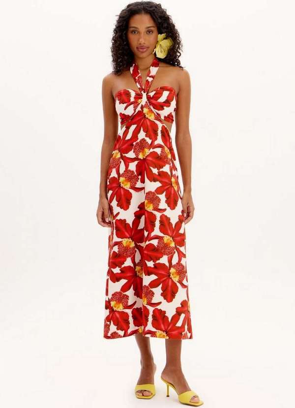 Lança Perfume - Vestido Estampado Super Midi com Amarrações e Recortes A2053