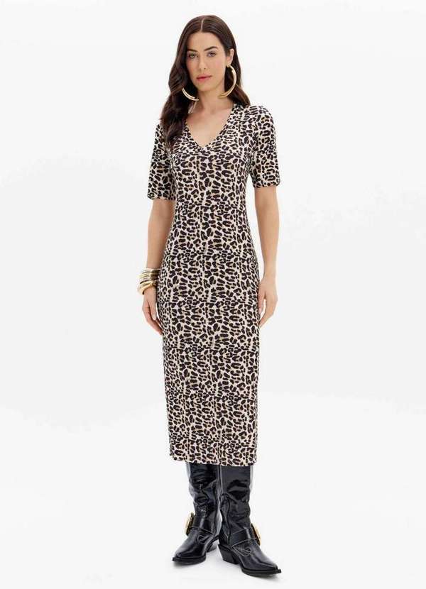 Lança Perfume - Vestido Midi Estampado com Manga Curta e Decote V A2354