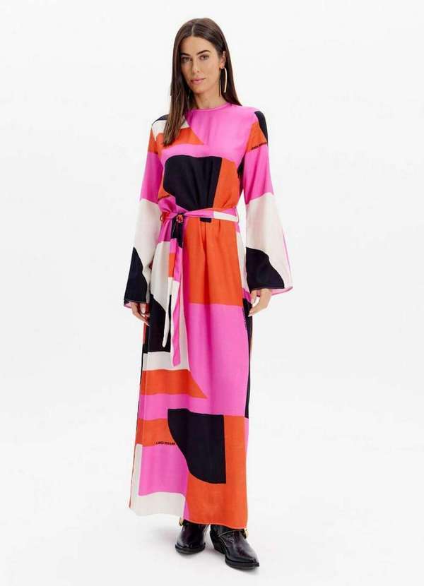 Lança Perfume - Vestido Super Midi Manga Longa Estampado Faixa A2780