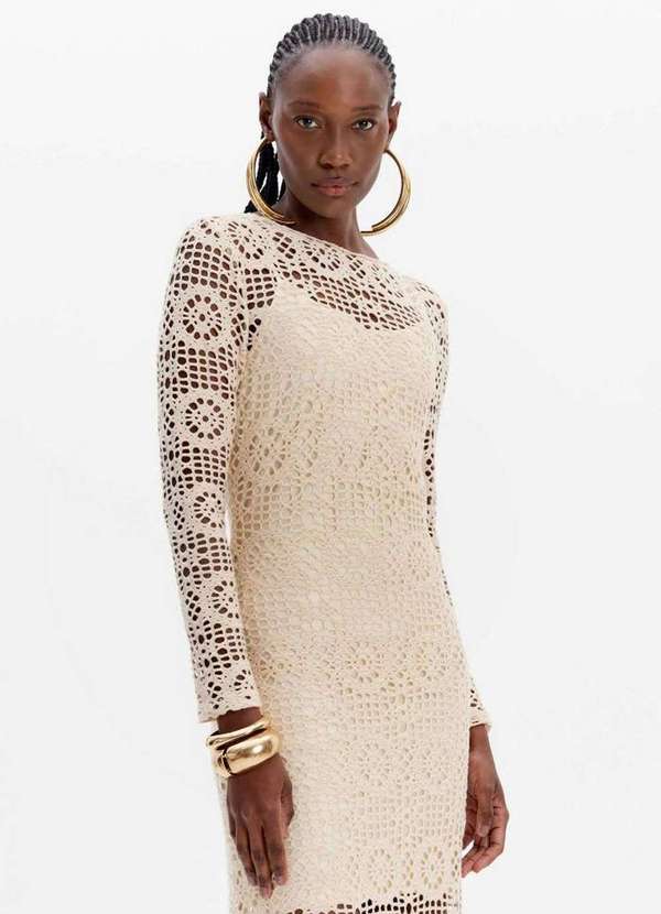 Lança Perfume - Vestido Super Midi Manga Longa Vazado A2731 2