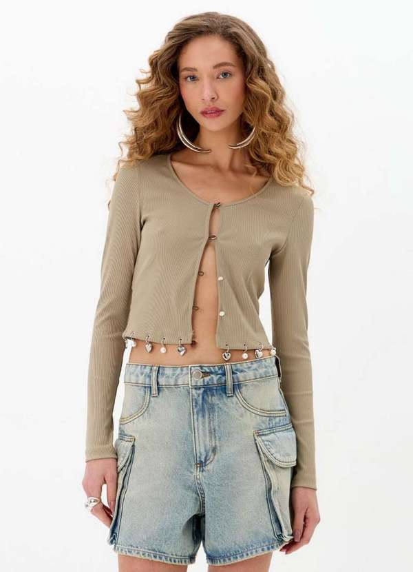 My Favorite - Blusa Canelada Manga Longa com Aplicações A2470