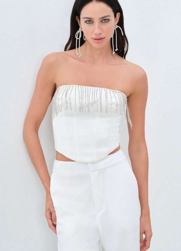 My Favorite - Blusa Corset sem Alças com Franja de Brilhos A0001