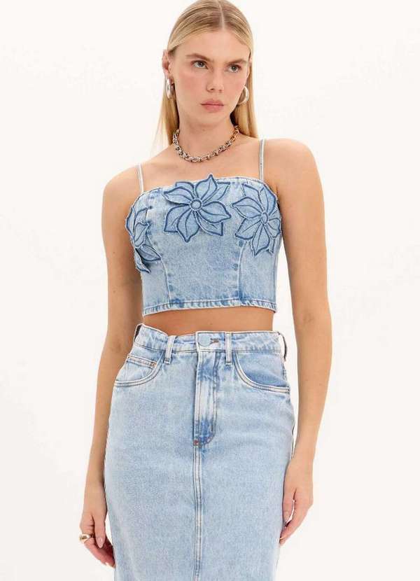 My Favorite - Top Cropped Jeans com Flores A0004