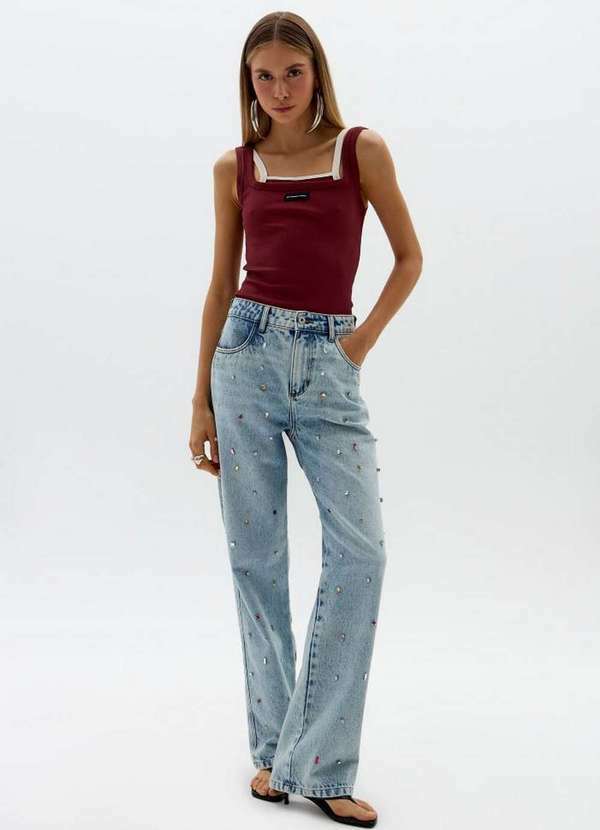 My Favorite - Calça Jeans Reta Cintura Alta Aplicações A0004 3