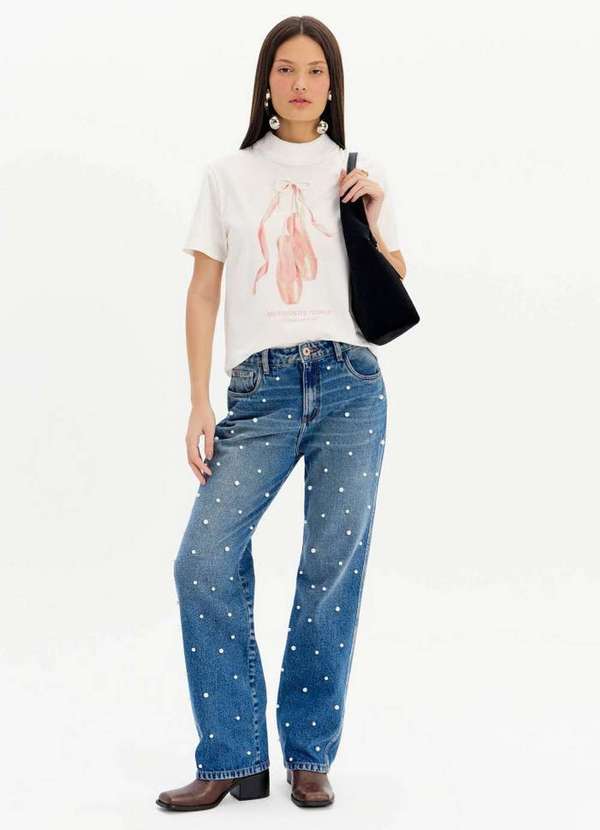 My Favorite - Calça Jeans Reta Cintura Alta e Aplicações A0004