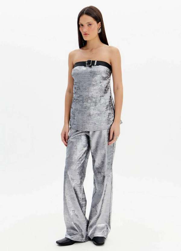 My Favorite - Calça Reta Cintura Alta Metalizada A2235