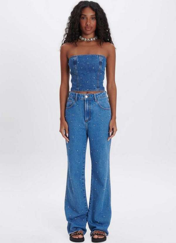 My Favorite - Calça Wide Leg Jeans Bordado Cristal A0004