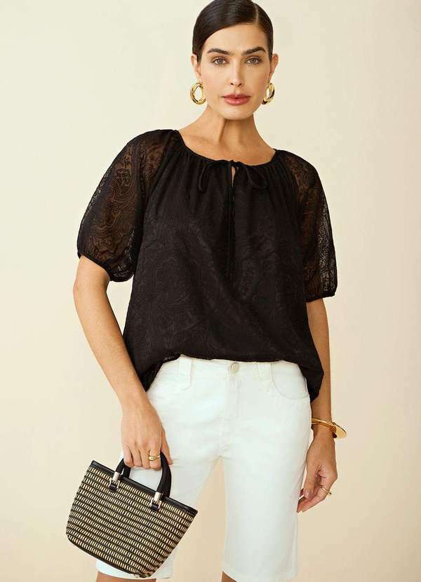 Maria.valentina - Bata Maria.Valentina Decote Redondo Detalhe Franzido Preto Preto
