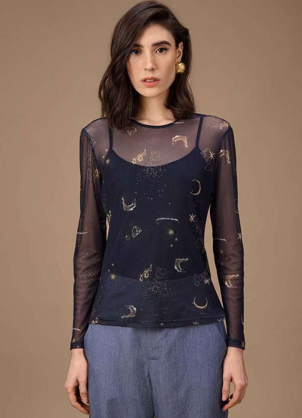 Maria.valentina - Blusa Maria.Valentina Ajustada Decote Careca Manga Longa Padrão a Azul 2