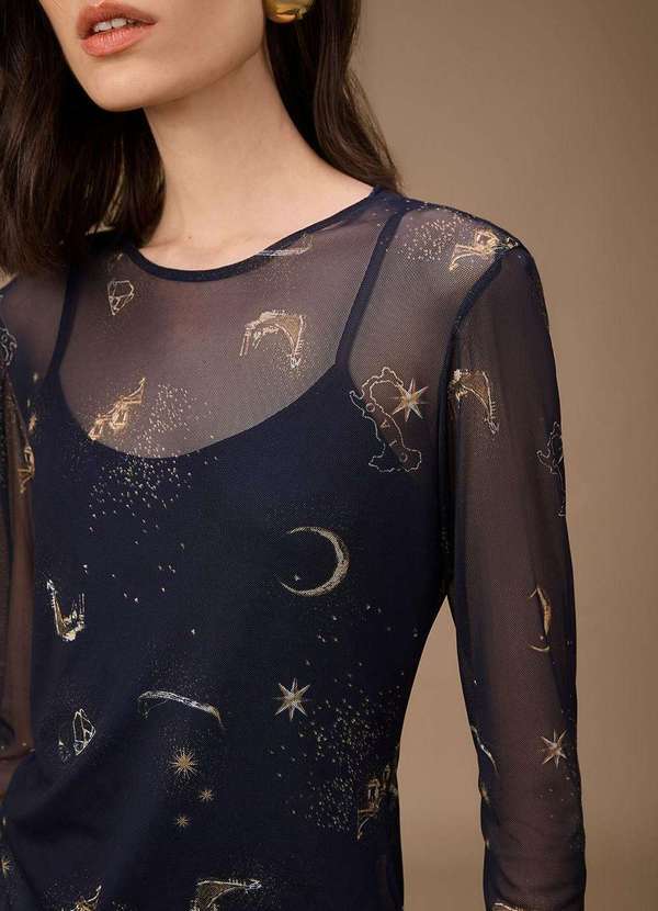 Maria.valentina - Blusa Maria.Valentina Ajustada Decote Careca Manga Longa Padrão a Azul 3