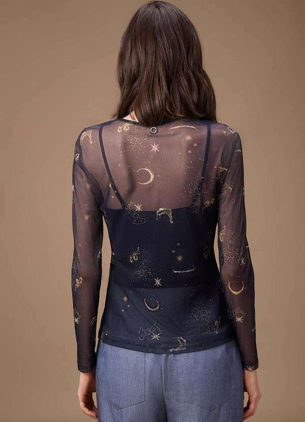 Maria.valentina - Blusa Maria.Valentina Ajustada Decote Careca Manga Longa Padrão a Azul 4