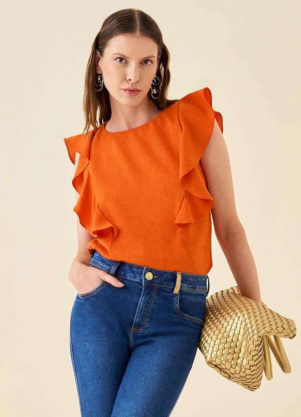 Maria.valentina - Blusa Maria.Valentina Ajustada Decote Canoa sem Alça Padrão Laran Laranja
