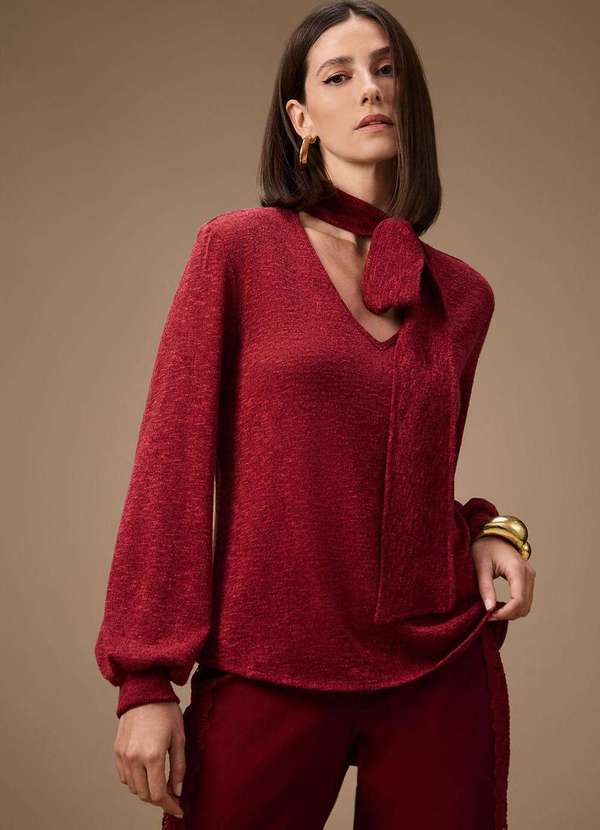Maria.valentina - Blusa Maria.Valentina Ajustada Decote V Manga Longa Padrão Bordo Vermelho