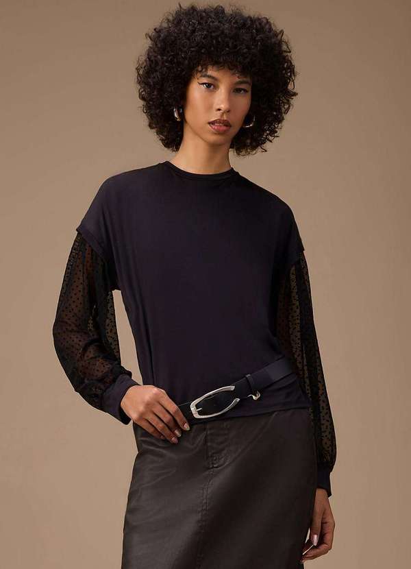 Maria.valentina - Blusa Maria.Valentina Ajustada Decote Careca Manga Longa Padrão P Preto