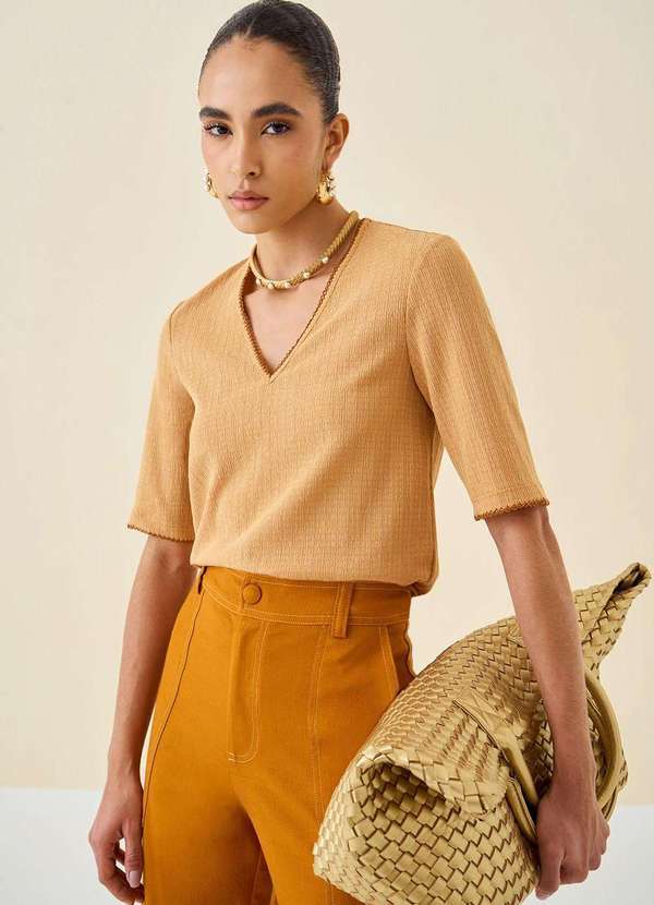 Maria.valentina - Blusa Maria.Valentina Ajustada Decote V Manga Curta Padrão Marrom Marrom