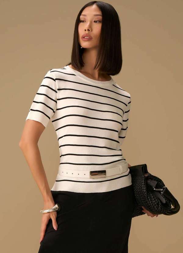 Maria.valentina - Blusa Maria.Valentina Ajustada Decote Careca Manga Curta Padrão o Branco
