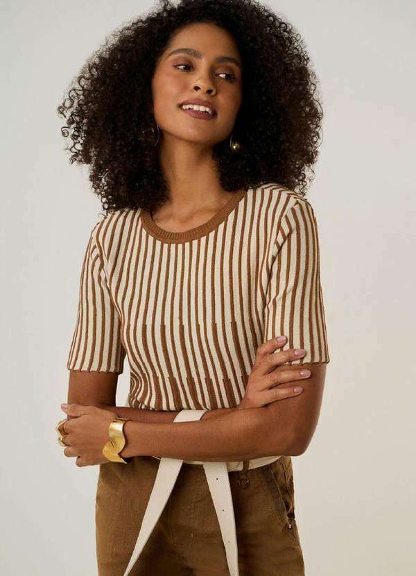 Maria.valentina - Blusa Maria.Valentina Ajustada Decote Careca Manga Curta Padrão M Marrom