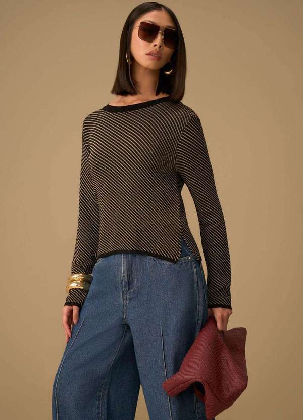 Maria.valentina - Blusa Maria.Valentina Ajustada Decote Careca Manga Longa Padrão P Preto